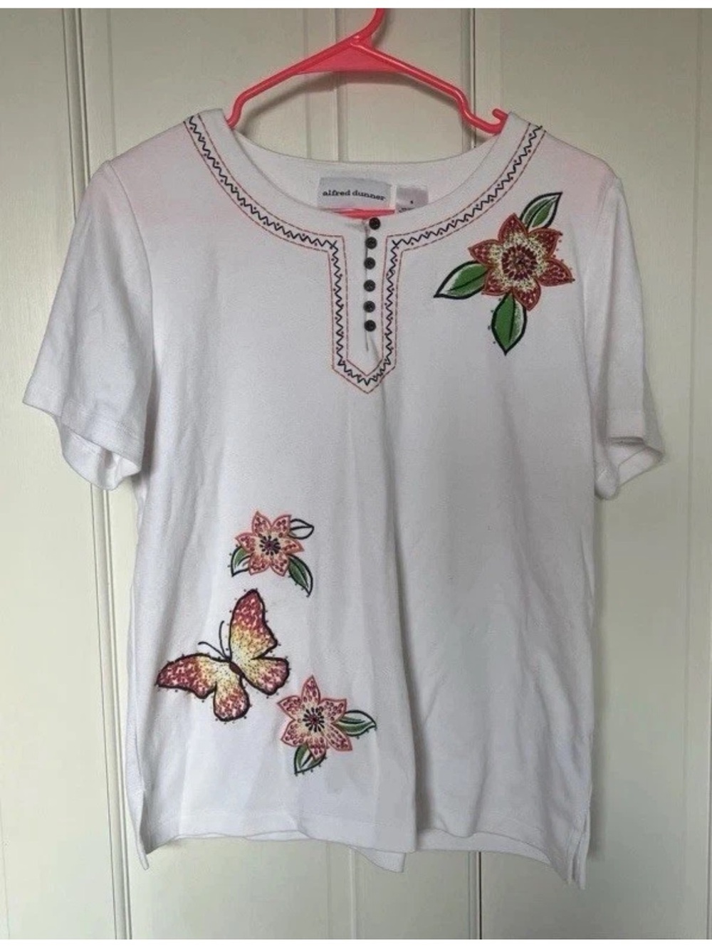 Alfred Dunner Women's Knit Short Sleeve Embroidered  Sequin Butterfly Top Size S